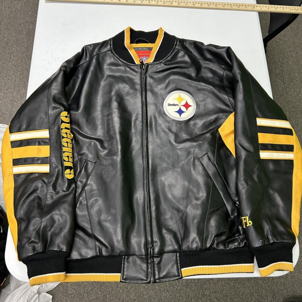NFL Pittsburgh Steelers Bomber Jacket Mens M Black Faux Leather Varsity Zip